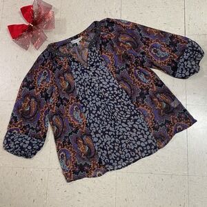 FIGUEROA & FLOWER Sz L Multiprint Blouse Floral Paisley Leopard Beaded Sheer Top